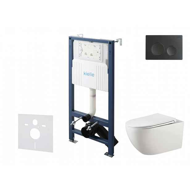 kielle Genesis New - Set předstěnové instalace, klozetu Gaia, Rimless, sedátka softclose a tlačítka Gemini New I, matná černá 30528SS12