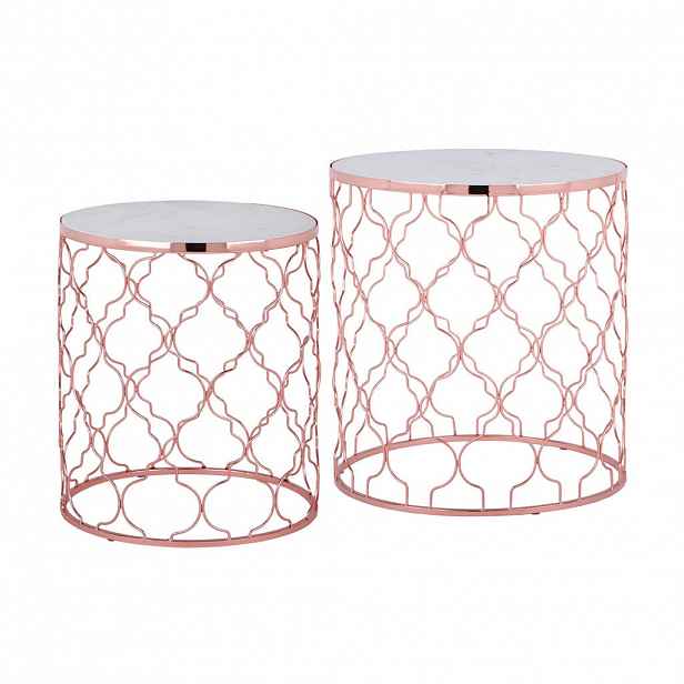 WOMO-DESIGN SADA 2 KUSŮ KULATÝCH POMŮCŮ Ø40/Ø45 cm, BÍLÝ MÁRMOR/MĚĎ