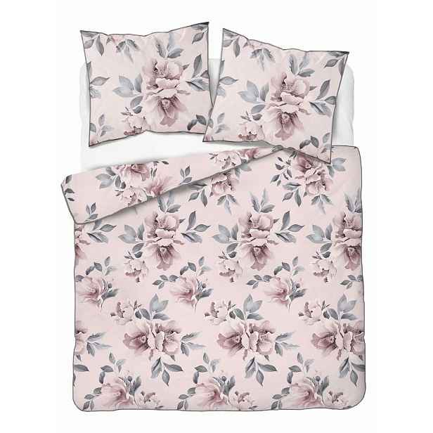 Povlečení z perkálu Lamé Percale 220x200 růžové, velké květy, ozdobný lem
