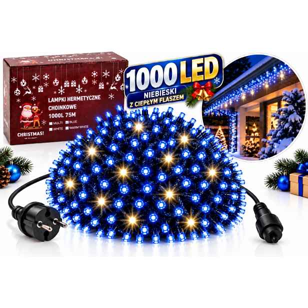 Vánoční Lampy 1000 Led 60,5 M Modré Teplý Venkovní Flash