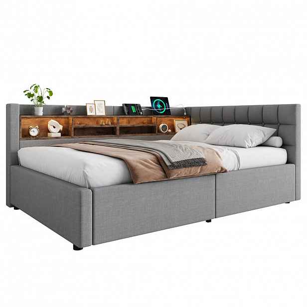 FLIEKS DENNÍ POSTEL 140x200cm Pohovka Úložná LED USB Šedá