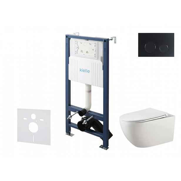 kielle Genesis New - Set předstěnové instalace, klozetu Gaia, Rimless, sedátka softclose a tlačítka Gemini New II, matná černá 30528SS15