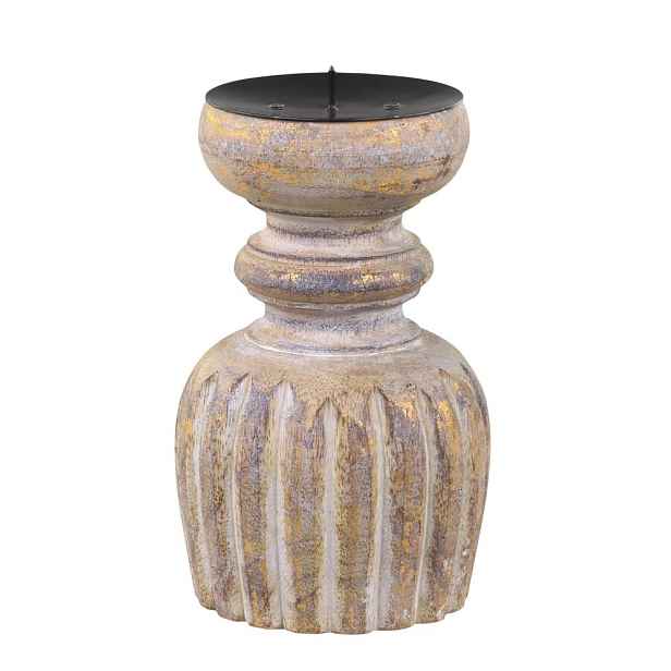 Zlato-přírodní antik dřevěný svícen na sloupovitou svíčku - Ø 9*15 cm Chic Antique