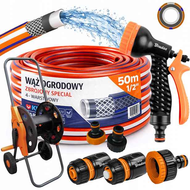 Hadice Gumová 1/2" 50m 4 Vrstvy Special Pistole Vozík Sada Bradas