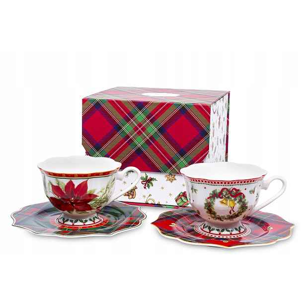 Elegantní sada vánočních šálků z porcelánu, 2 ks s podšálky