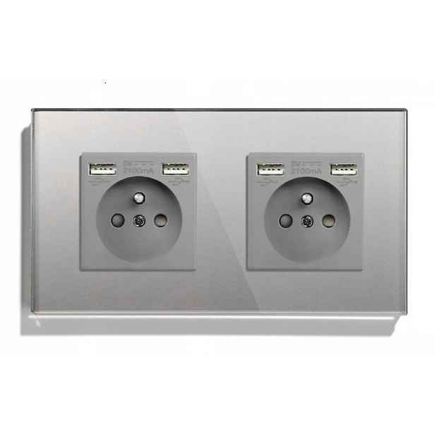 Skleněná Zásuvka Dvojitá Usb A+a Kontakt Zásuvka 16A Sklo 157 mm