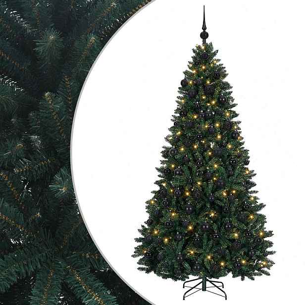 vidaXL Umělý vánoční stromek tmavě zelený s ozdobami 210 cm 300 LED