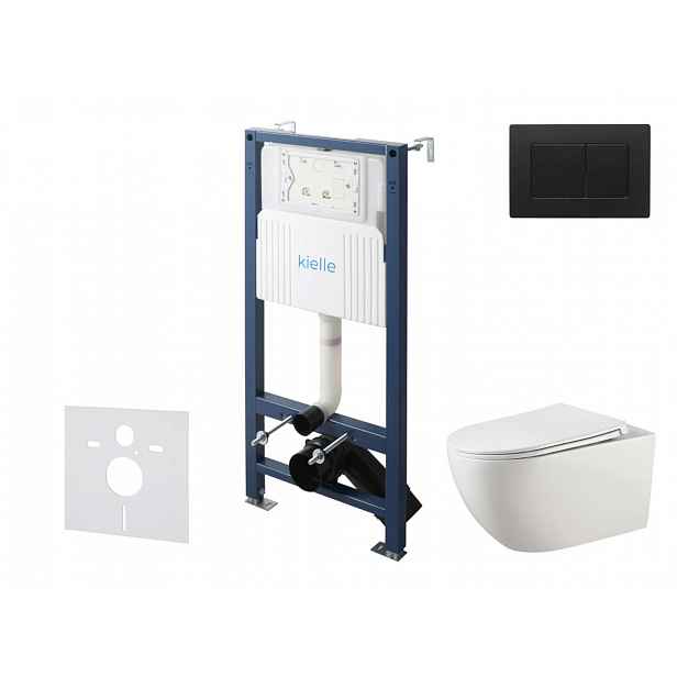 kielle Genesis New - Set předstěnové instalace, klozetu Gaia, Rimless, sedátka softclose a tlačítka Gemini New III, matná černá 30528SS18