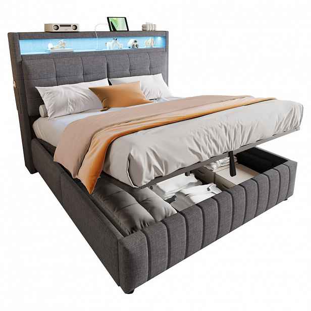 FLIEKS ČALOUNĚNÁ POSTEL 160x200cm LED USB Úložná Šedá