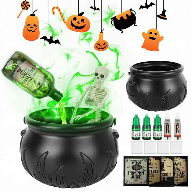 Halloweenská dekorace Kotlík s mlhou, Kostra, 25 cm