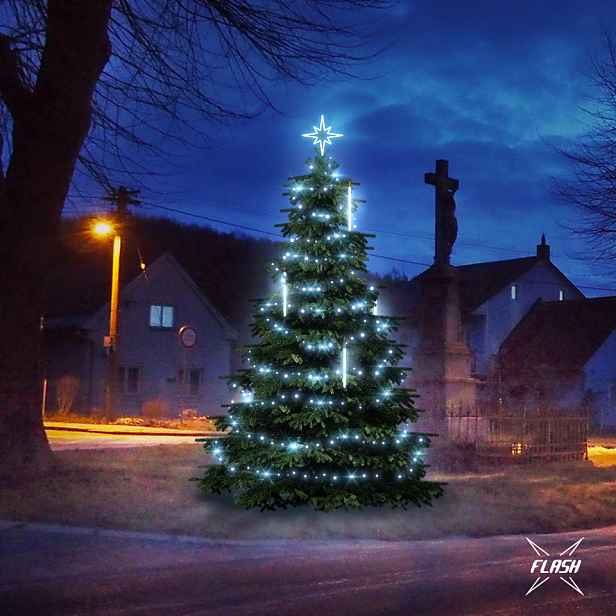LED světelná sada na vánoční stromy vysoké 3-5 m, ledová bílá s Flash a padající sníh