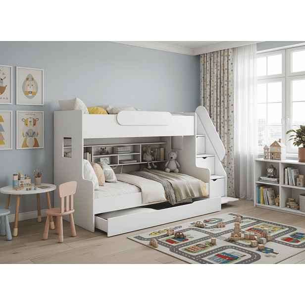 ArtBed Dětská patrová postel SEGAN s roštem a úložným prostorem | bílá 120 x 200 cm