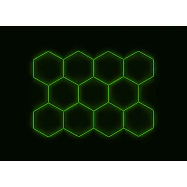 Kompletní Led hexagonové svítidlo zelené, rozměr 11 elementů 336 x 238 cm