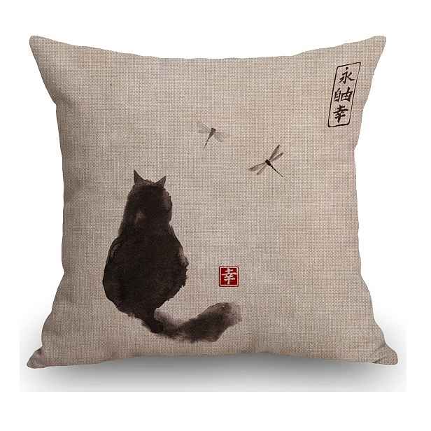 TEMU 1ks Lněný Potah na Polštář - Vintage Kočka & Japonský Inkoustový Design, Dekorace ve Stylu Farmhouse s Zipem, Jednostranný Tisk, Pratelné v