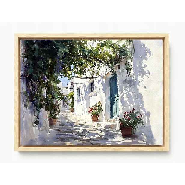 Obraz Rám American Box Řecko Bílé Domky Květiny Pergola Santorini 80x60