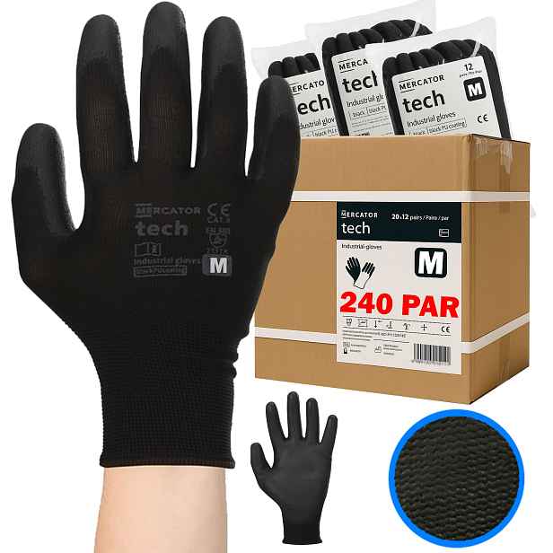 Pracovní Rukavice Black+black Tech Pu Poliur Se Stahovací Šňůrkou M 240 Párů
