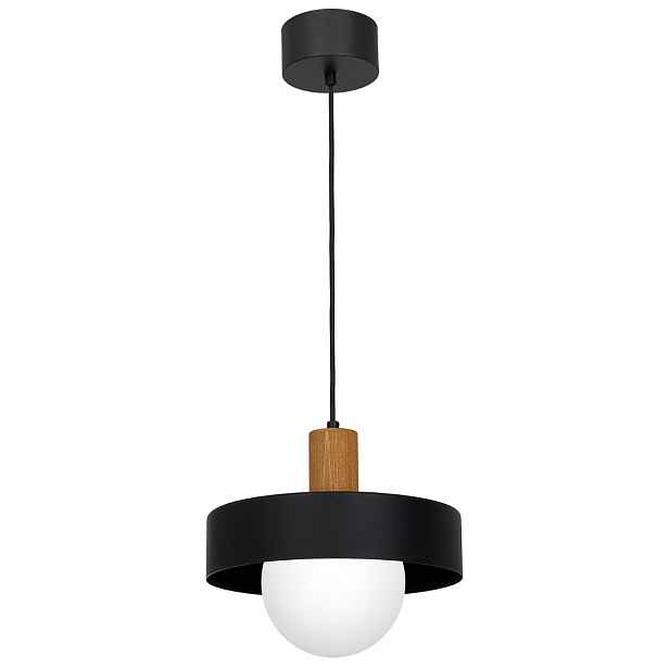 Závěsná lampa černá, dřevěná, skleněná, bílá, kulatá, 30 cm Luminex