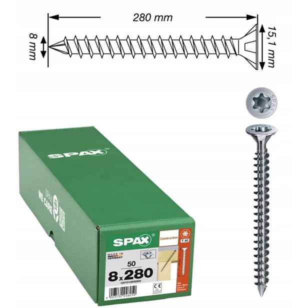 Univerzální šroub Wirox Tx 8 x 280 mm s plným závitem 50 ks