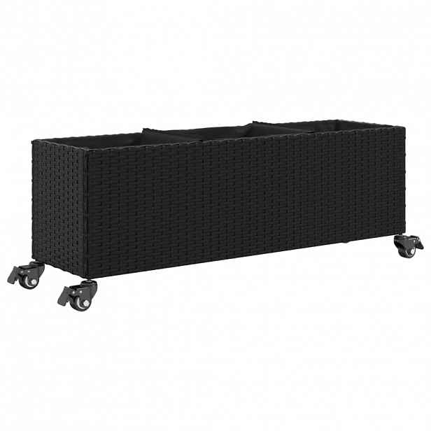 vidaXL Zahradní truhlík s kolečky a 3 květináči černý 107 x 32 x 38 cm