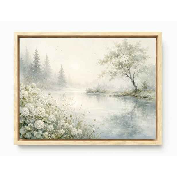 Obraz Rám Americký Box Krajina Řeka Dřevo Zeleň Les Bílé Květy 80x60