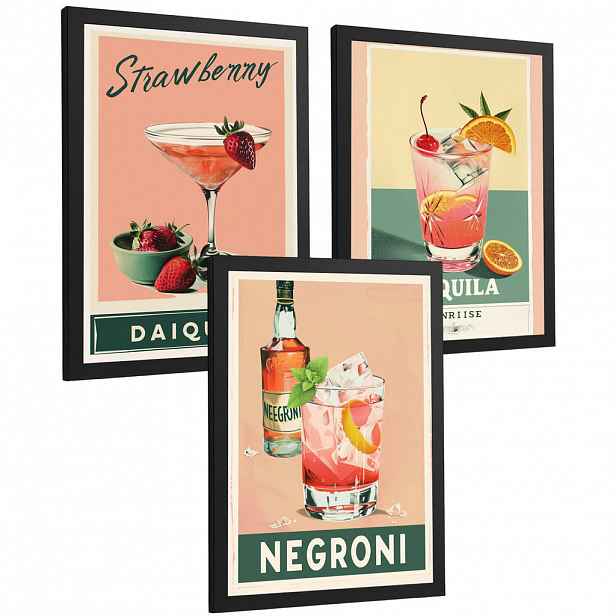 Nacnic PLAKAT Sada 3 Koktejly A4 Černý rám