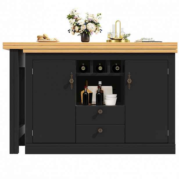 Redom BAROVÝ stůl 120-180/40/76 cm s otočnou deskou, úložným prostorem a policí na víno, MDF, Černá/Přírodní