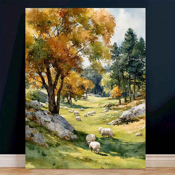 TEMU 2D plochý, 2D plochý, 2D PLOCHÝ umělecký tisk na plátně s pastorační podzimní scény, rozměry 30,48 x 40,64 cm, v akvarelovém stylu, s hrajícími
