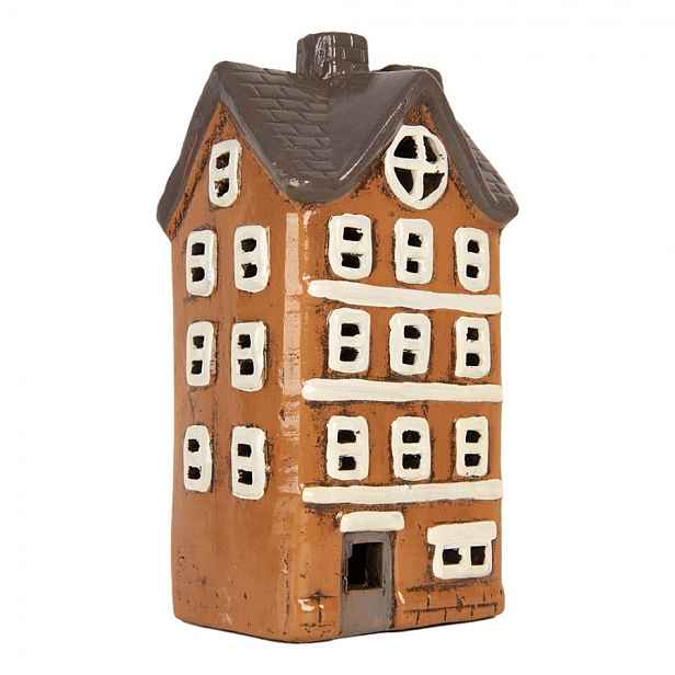 Oranžový keramický svícen na čajovou svíčku domek Village - 12*10*23 cm Clayre & Eef