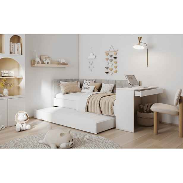 ArtBed Dětská postel FREYA s přistýlkou ​​a se stolkem | bílá / šedá (Amber 802) 90 x 200 cm
