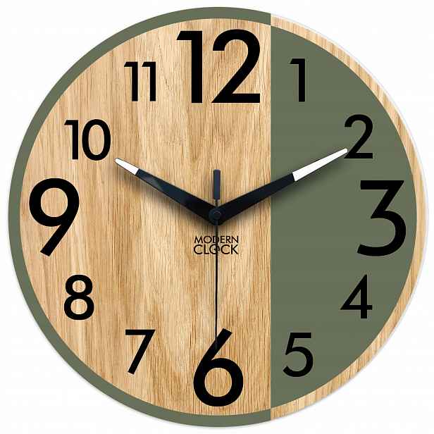 Dřevěné nástěnné hodiny Dub Alfred tmavá olivová barva 33 cm tiché