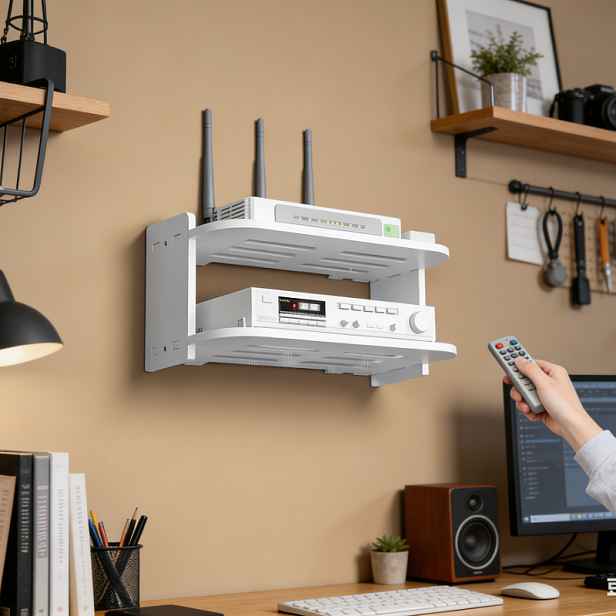 TEMU 2patrový nástěnný organizér router, s prodyšným držákem pro umístění routeru - bezvrtací úložný regál pro router, nástěnný nízkonapěťový