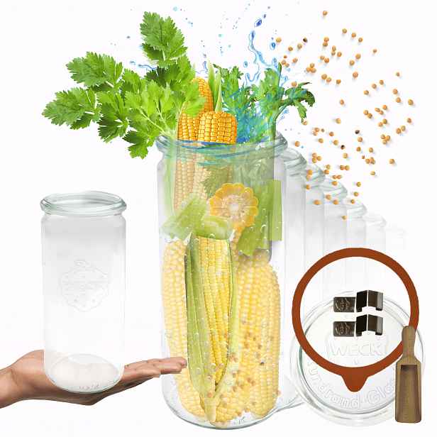 Sklenice Weck 1 l na šťávu Cylinder 1040 ml zavařovací sklenice, měřítko spony, víčko, gumička 12 Ks