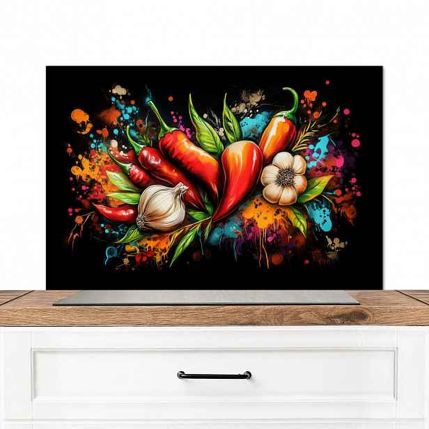 MuchoWow KUCHYŇSKÁ ZÁSTĚNA Zelenina - paprika - česnek - graffiti - barva - barevné 80x55 cm