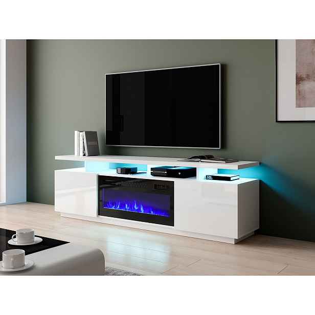 Televizní stolek s krbem a LED osvětlením SALTA - bílý / lesklý bílý / černý