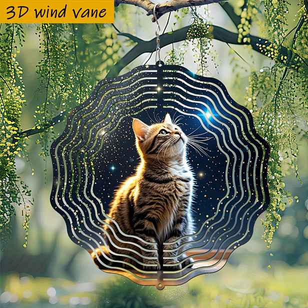 TEMU 1 ks 3D Kočka Hledící na Hvězdnou Oblohu Kovová Zvonkohra - 10palcový Kulatý Odolný Železný Dekor pro Venkovní/Vnitřní Použití s 360° Otočným