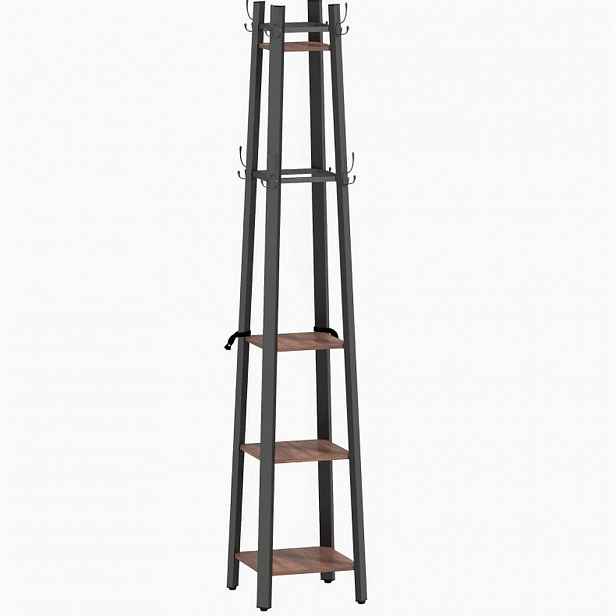 Redom VĚŠÁK na oblečení 34,8/34,8/179 cm s 8 háčky a 4 policemi, dřevo a kov, Hnědá