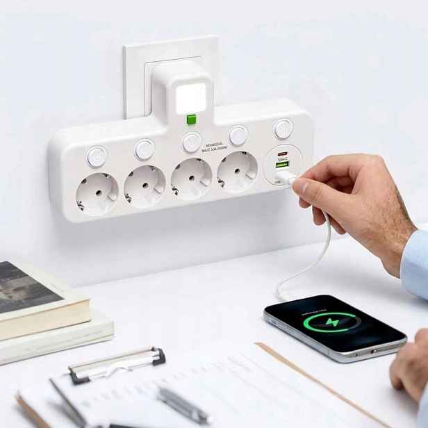 Rozdvojka pro kontakt s Led lampou 4 zásuvky Ac 2xUSB a Typ-C do kanceláře
