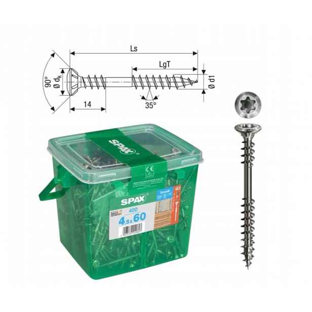 Šrouby Spax pro fasádní desku 4,5 x 60 mm, A2,TX stříbrné, kbelík 400 ks