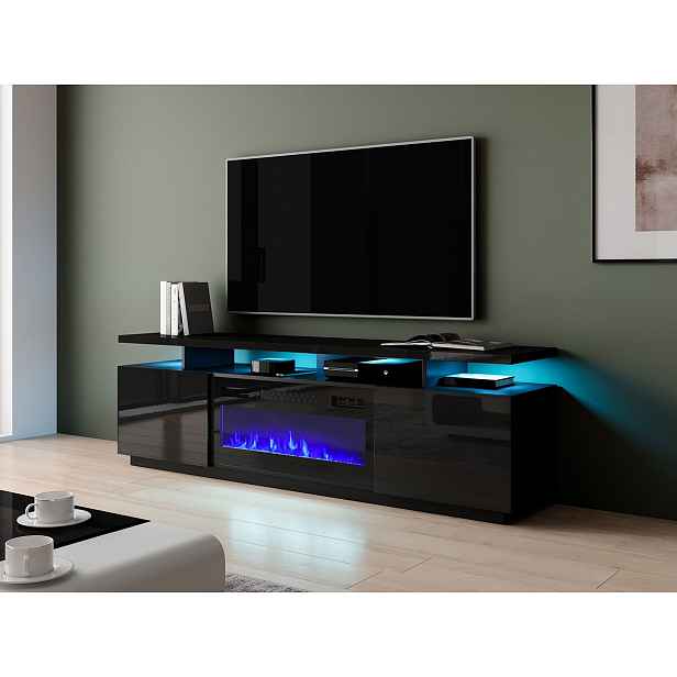 Televizní stolek s krbem a LED osvětlením SALTA - lesklý černý / černý