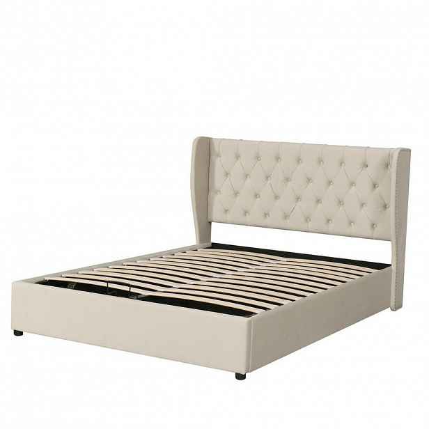 Modfu ČALOUNĚNÁ postel ze sametu 160x200 cm béžová s lamelovým roštem a hydraulickým úložným prostorem Chesterfield