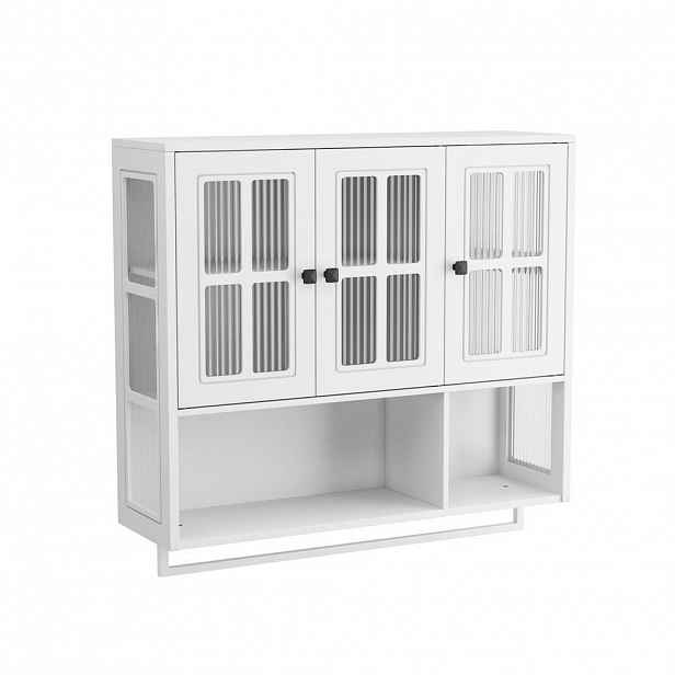 Modfu NÁSTĚNNÁ koupelnová skříňka z MDF 88x26x82 cm bílá s tvrzeným sklem, držákem na ručník a variabilním úložným prostorem
