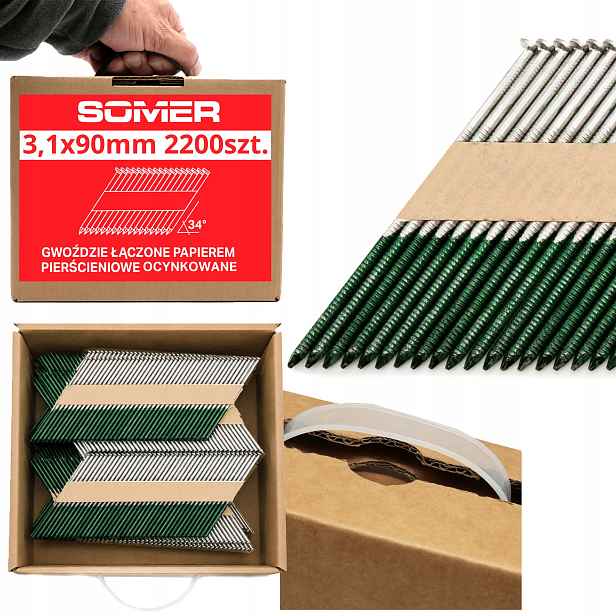 Hřebíky spojované papírem 34° pozinkované 3,1x90 mm 2200 ks pro hřebíkovačky
