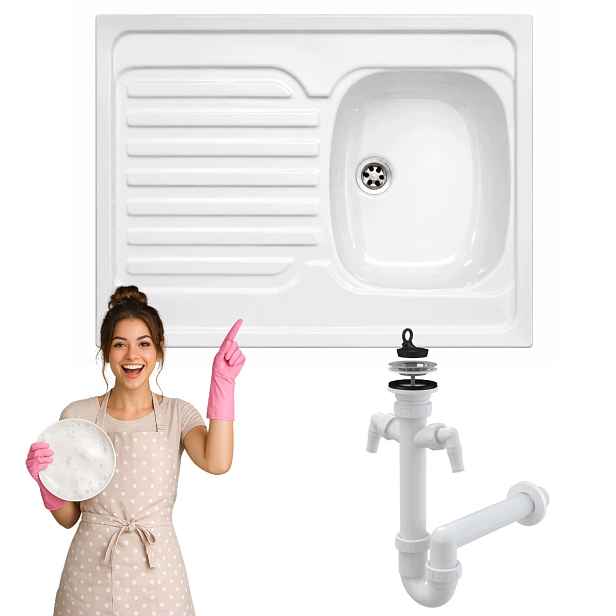 Dřez ZJ-60 bílý 80x60 jednokomorový odkapávač Polimat Syfon Set