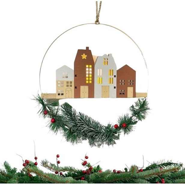 Závěsná Ozdoba Led Domeček 28 CM, Dřevěný Věnec, Vchodové Dveře