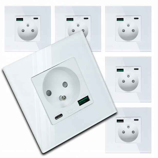 6x Moderní Bílá Elektrická Zásuvka Sklo S Vestavěnou Usb Nabíječkou