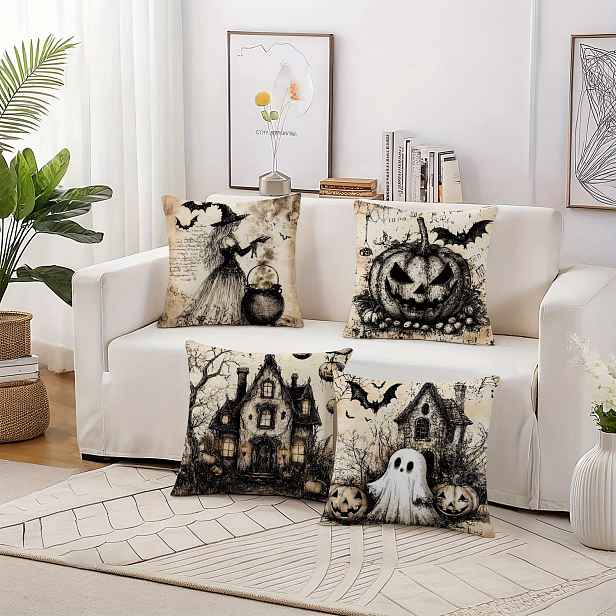 TEMU 4 ks Halloween Povlak na Polštář - Vintage Dýně, Čarodějnice, Hrad, Netopýr Design Měkký Plyšový Polyester Venkovský Styl Dekorace se Zipem Bez