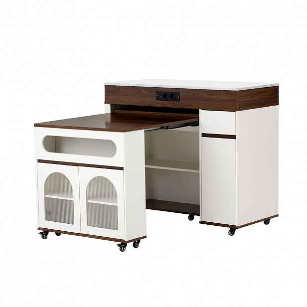 Modfu KUCHYŇSKÝ ostrůvek z MDF 187,5x110,5x95,5 cm bílý/ořechový s výsuvnou deskou, kolečky a zásuvkovou lištou
