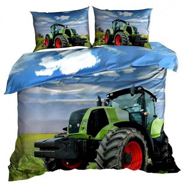 Povlečení 3D Bavlna Satén 160x200 cm Zelený Traktor