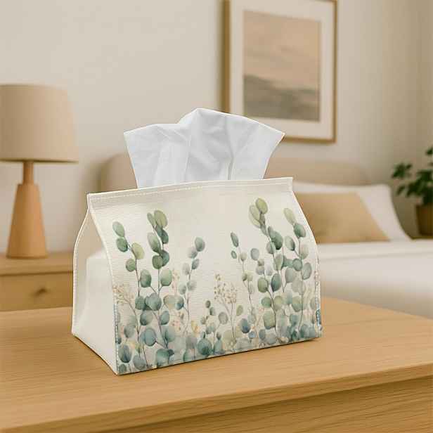 TEMU 1ks Držák na krabičku kapesníků s měkkým botanickým minimalistickým designem - zelený eukalyptový list, odolný polyester, ideální pro kuchyň,