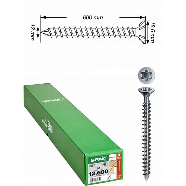 Univerzální šroub Wirox Tx 12 x 600 mm s plným závitem 20 ks